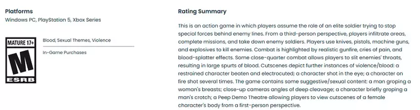 Screenshot der Beschreibung des Spiels auf der ESRB-Website
