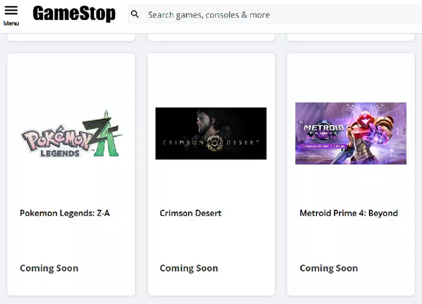 Screenshot der GameStop-Website