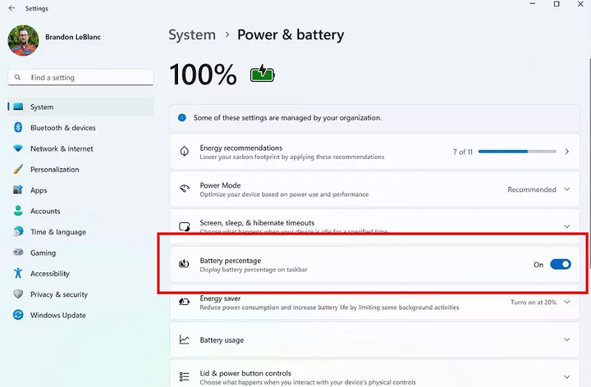 Schalter zum Aktivieren der Anzeige des Akkuprozentsatzes in den Einstellungen