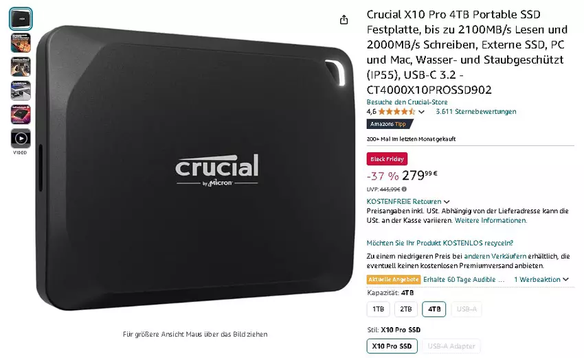 Screenshot der Crucial X10 Pro. Quelle: Amazon