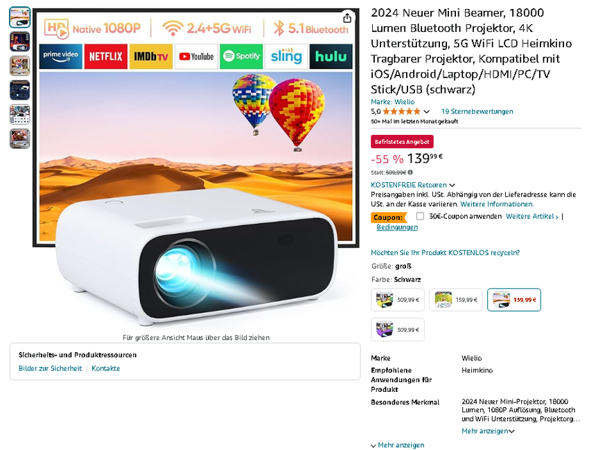 Screenshot des Wielio Mini Beamers auf Amazon
