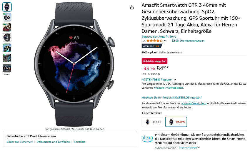 Screenshot der Amazfit GTR 3