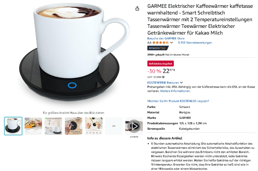 Screenshot der GARMEE Kaffeewärmer