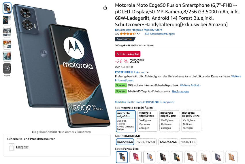 Screenshot des Motorola Edge 50 Fusion auf Amazon