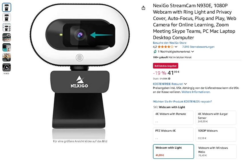 Screenshot der NexiGo StreamCam N930E. Quelle: Amazon
