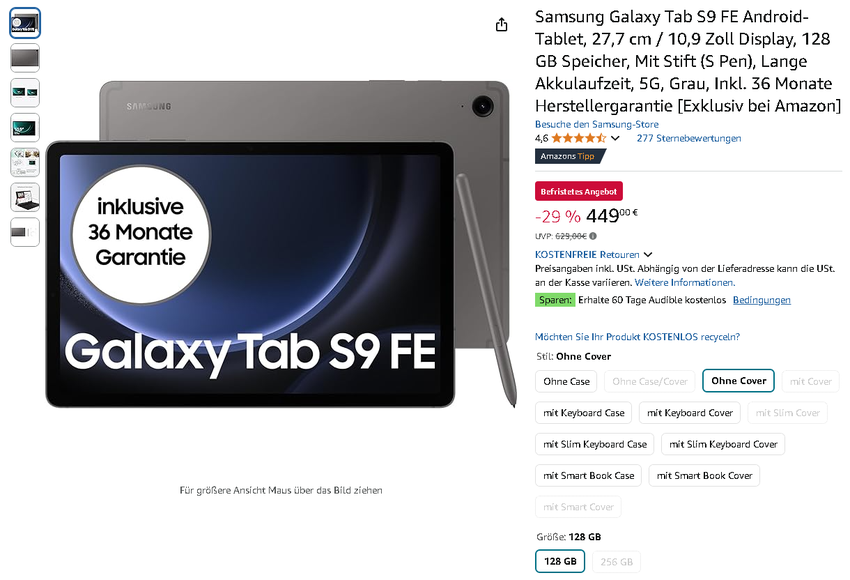 Screenshot der Samsung Galaxy Tab S9 FE