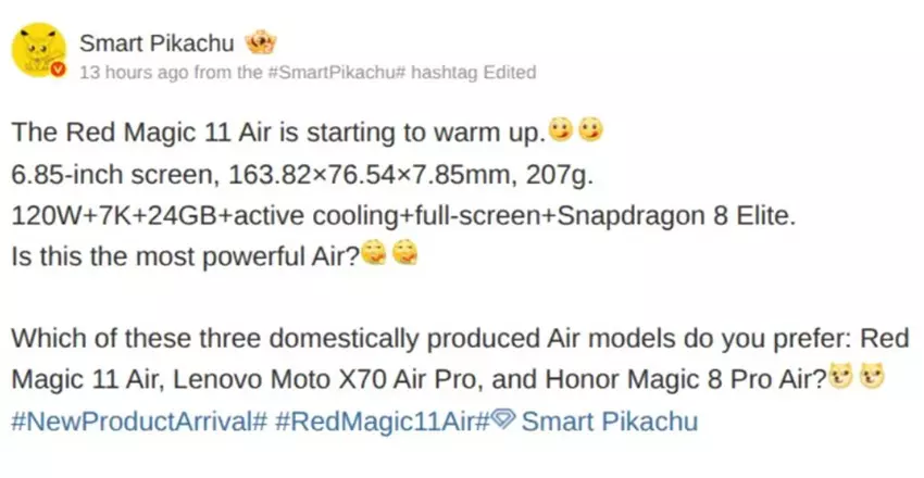Leak von RedMagic 11 Air Spezifikationen von Smart Pikachu