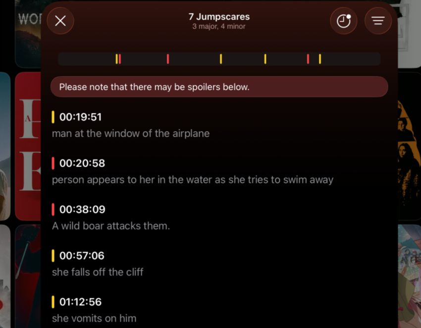 Binge-App-Oberfläche mit Schreckmoment-Warnfunktion