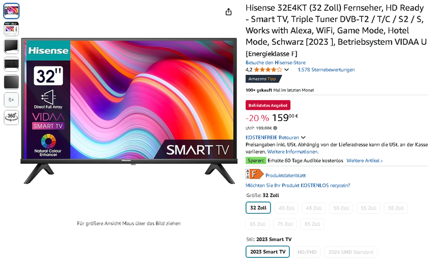 Screenshot der Hisense 32E4KT Fernseher von Amazon