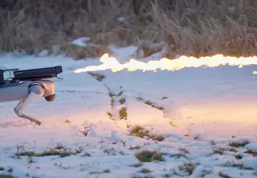 Ein Roboterhund mit einem Flammenwerfer, der ...
