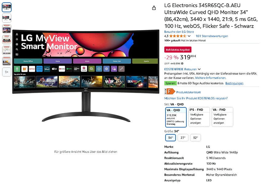 Screenshot des LG 34SR65QC-B Gaming Monitors