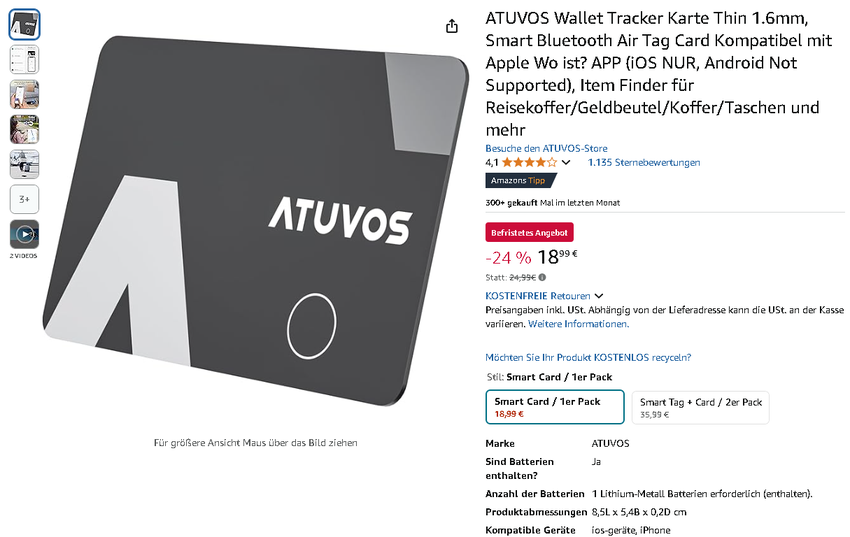 Screenshot der ATUVOS Wallet Tracker. Quelle: Amazon