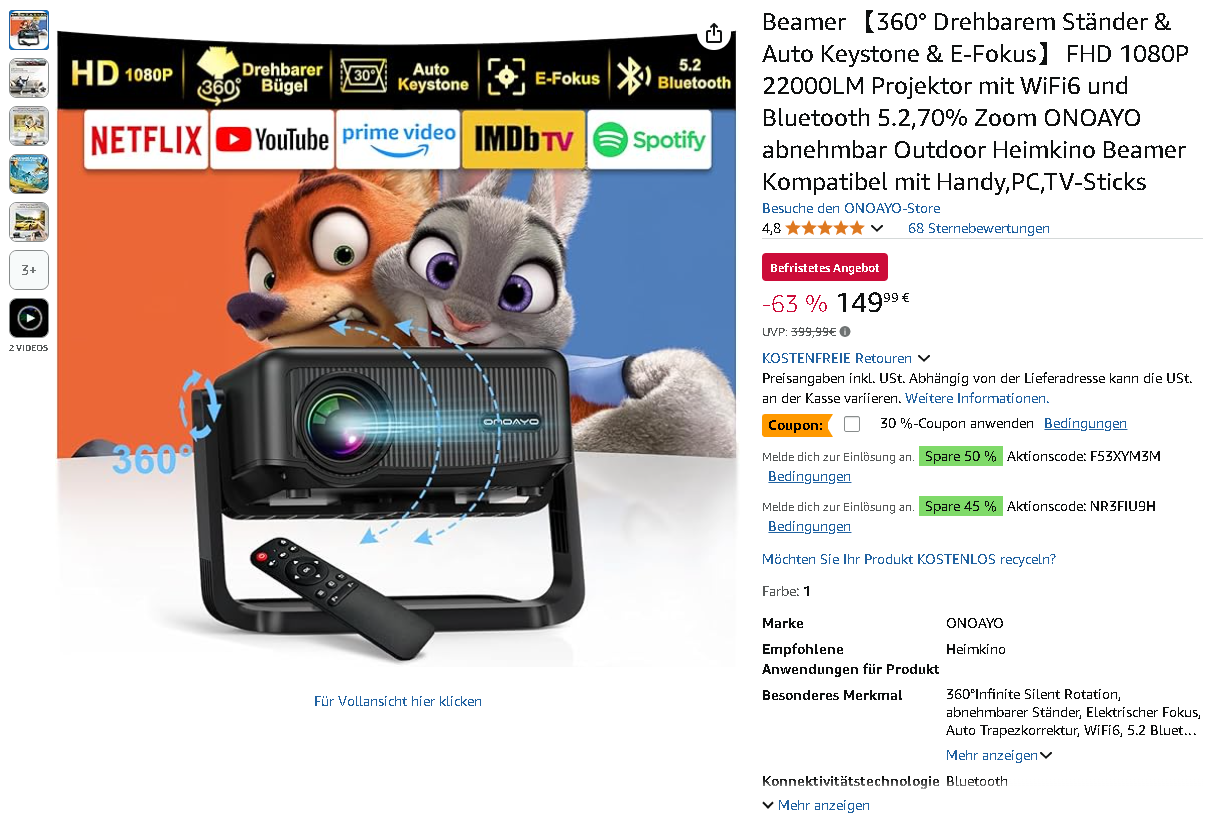 ONOAYO AY3 Beamer mit 360° Rotation – Sensationelle 250€ Ersparnis bei Amazon!