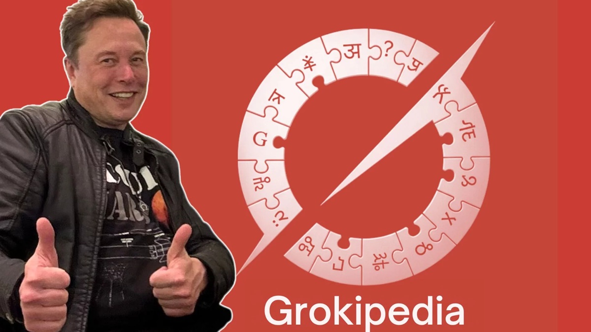 Collage zollt der Technologie Tribut: Elon Musk und die Marke Grokipedia auf einer Bühne Elon Musk und Grokipedia: Collage verbindet Meilensteine der Techno-Innovationen