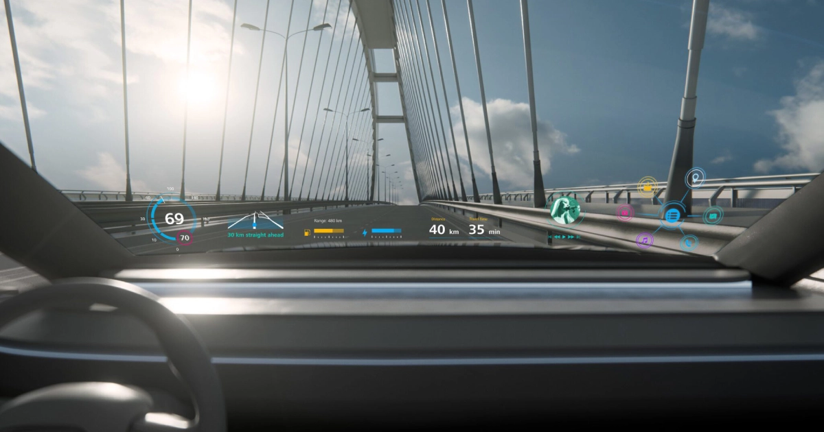 Neue Straßentechnologien: Hologramme auf Auto-Windschutzscheiben Zukunft voraus: holografische Projektionen auf einer Auto-Windschutzscheibe