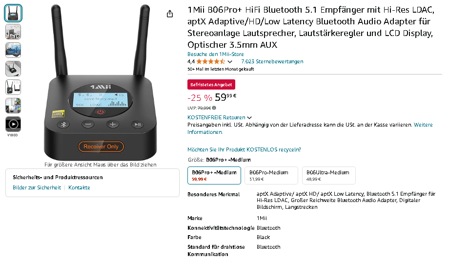 1Mii B06Pro+ auf Amazon Screenshot der 1Mii B06Pro+ Bluetooth Audio Adapter