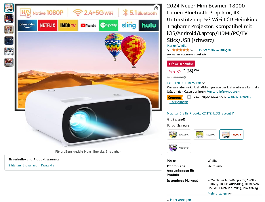 Wielio Mini Beamer Screenshot Screenshot des Wielio Mini Beamers auf Amazon