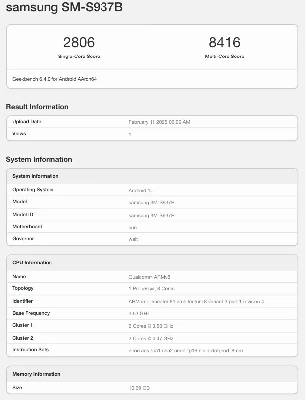 S25 Edge-Galerie auf Geekbench Testen Sie die globale Version des Galaxy S25 Edge auf Geekbench