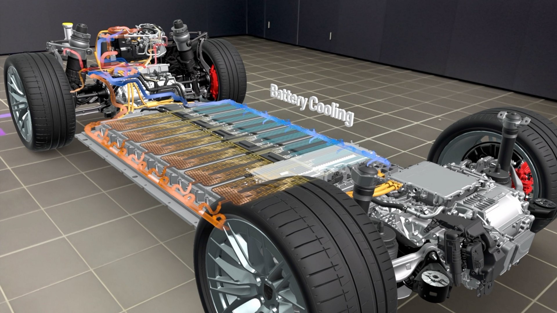 Batterie- und Motoranordnung des Porsche Cayenne Electric