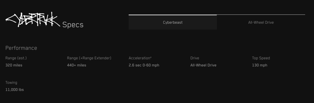 Merkmale des Tesla Cybertruck. Abbildung: Bildschirmfoto von der Tesla-Website