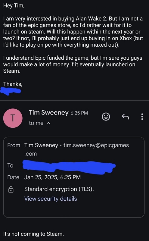 Screenshot der Korrespondenz mit Tim Sweeney Screenshot der Korrespondenz mit Tim Sweeney