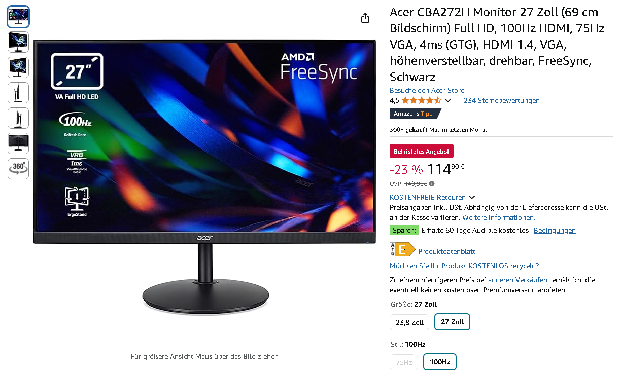 Screenshot der Acer CBA272H. Quelle: Amazon Acer CBA272H 27-Zoll Monitor