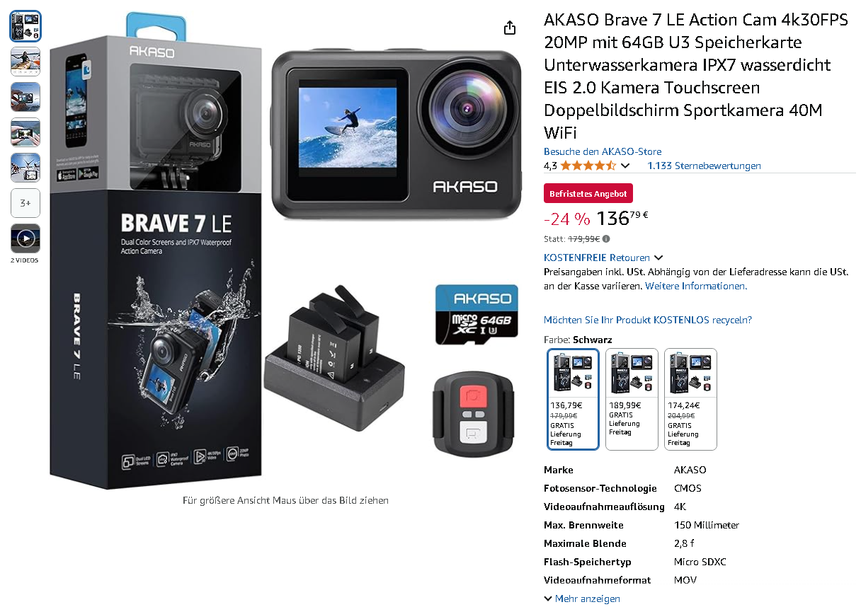 Screenshot der AKASO Brave 7 LE Action Cam
