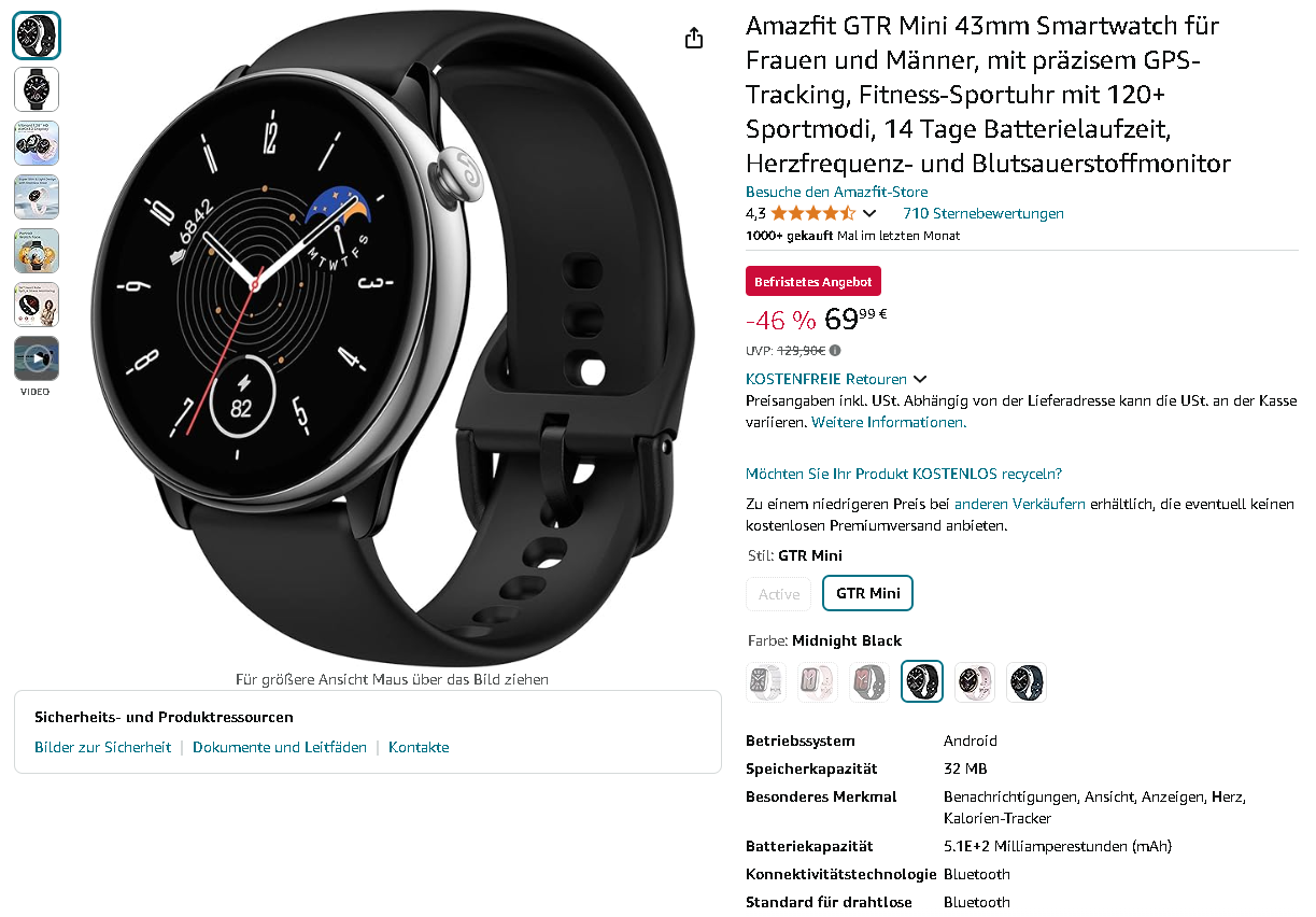 Amazfit GTR Mini auf Amazon Screenshot der Amazfit GTR Mini