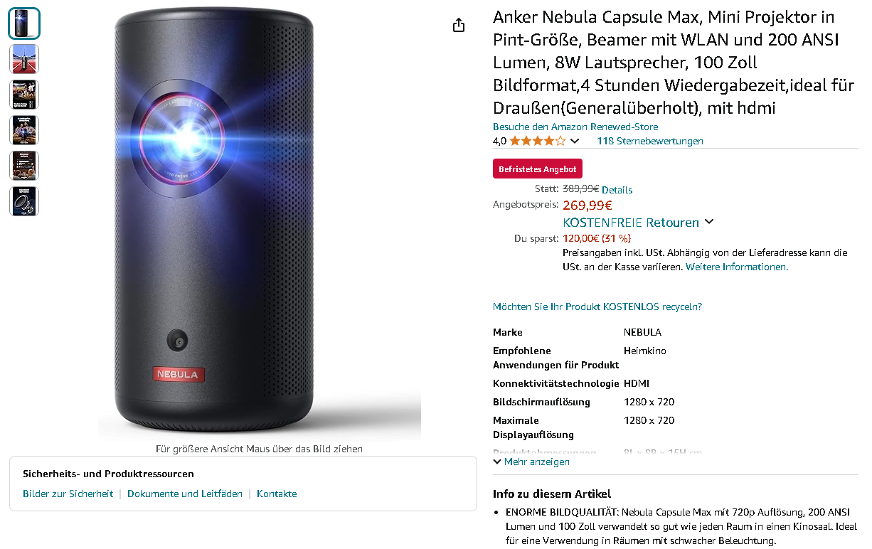 Screenshot der Nebula Capsule Max. Quelle: Amazon Anker Nebula Capsule Max Projektor