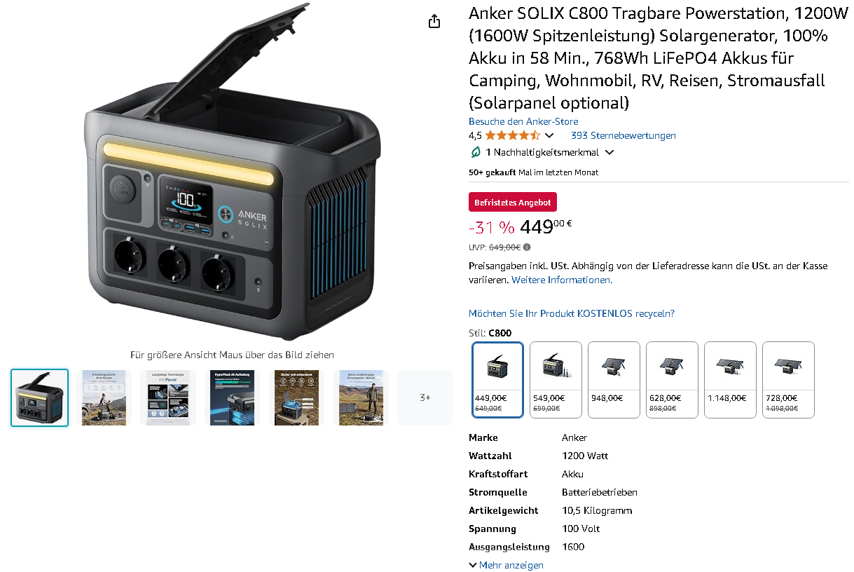 Screenshot der Anker SOLIX C800 Powerstation