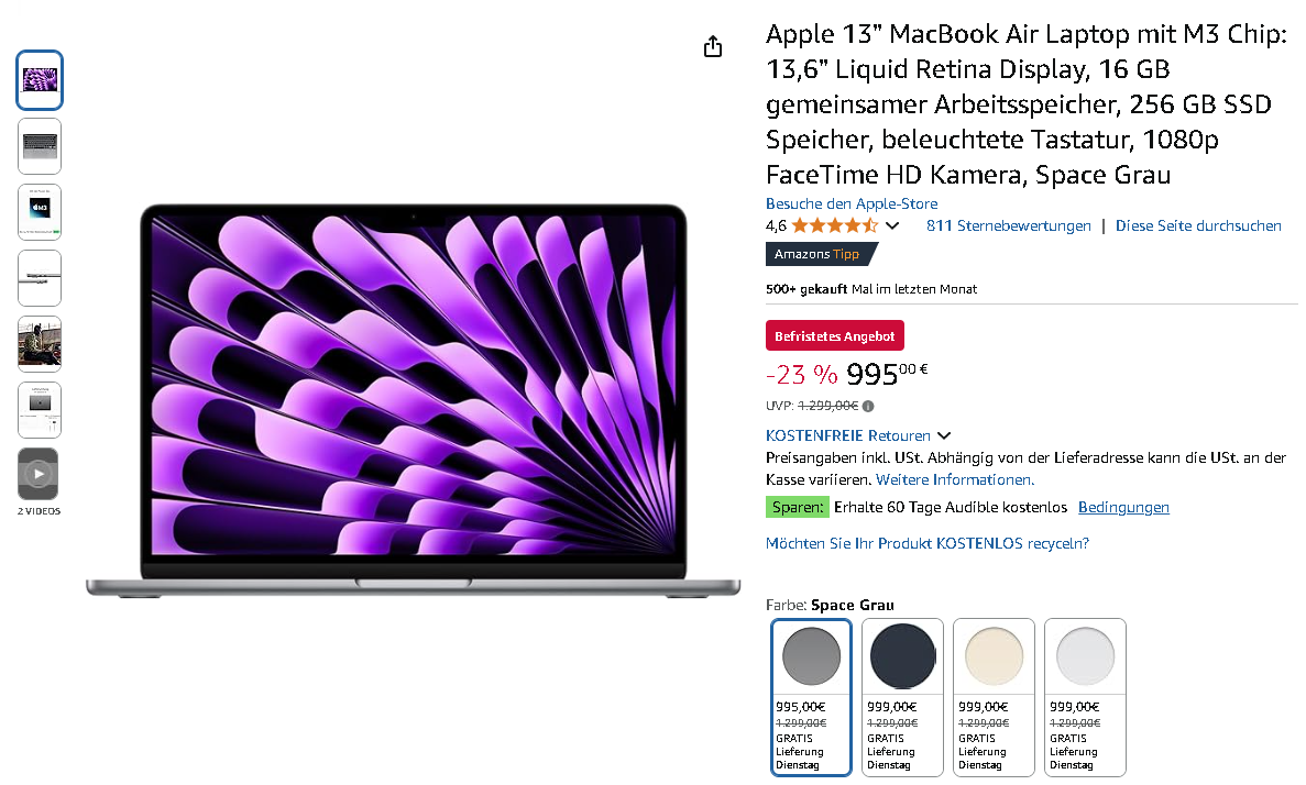 Screenshot der Apple MacBook Air mit M3. Quelle: Amazon Apple MacBook Air mit M3 Chip