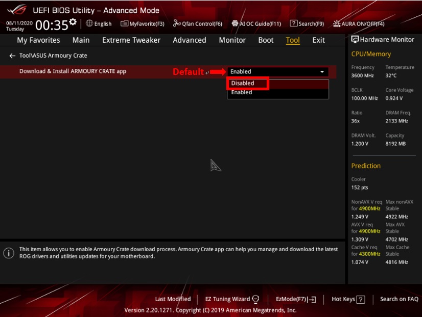 Bildschirm zum Deaktivieren des Dienstprogramms Armoury Crate im BIOS Bildschirm zum Deaktivieren des Dienstprogramms Armoury Crate im BIOS