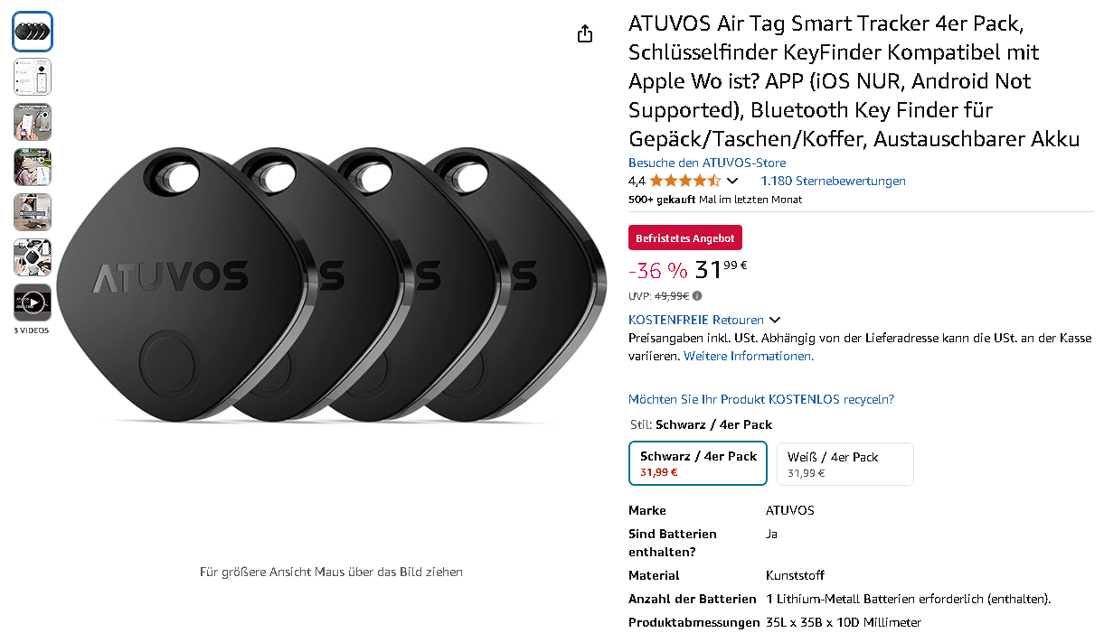 ATUVOS Air Tags auf Amazon Screenshot der ATUVOS Air Tags