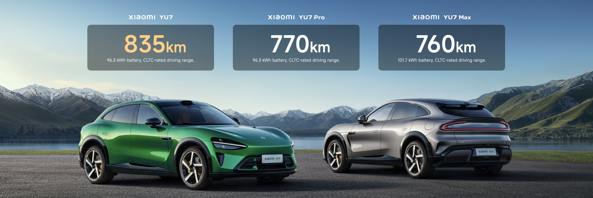 Reichweitenwerte der drei Versionen des Xiaomi YU7
