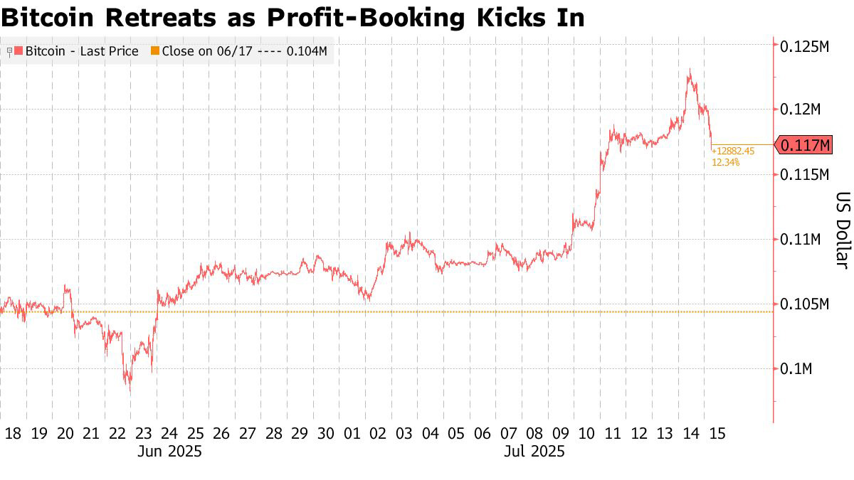 Bitcoin-Preischart Bitcoin korrigierte auf 117.000 $ nach einem Rekordhoch von über 123.000 $