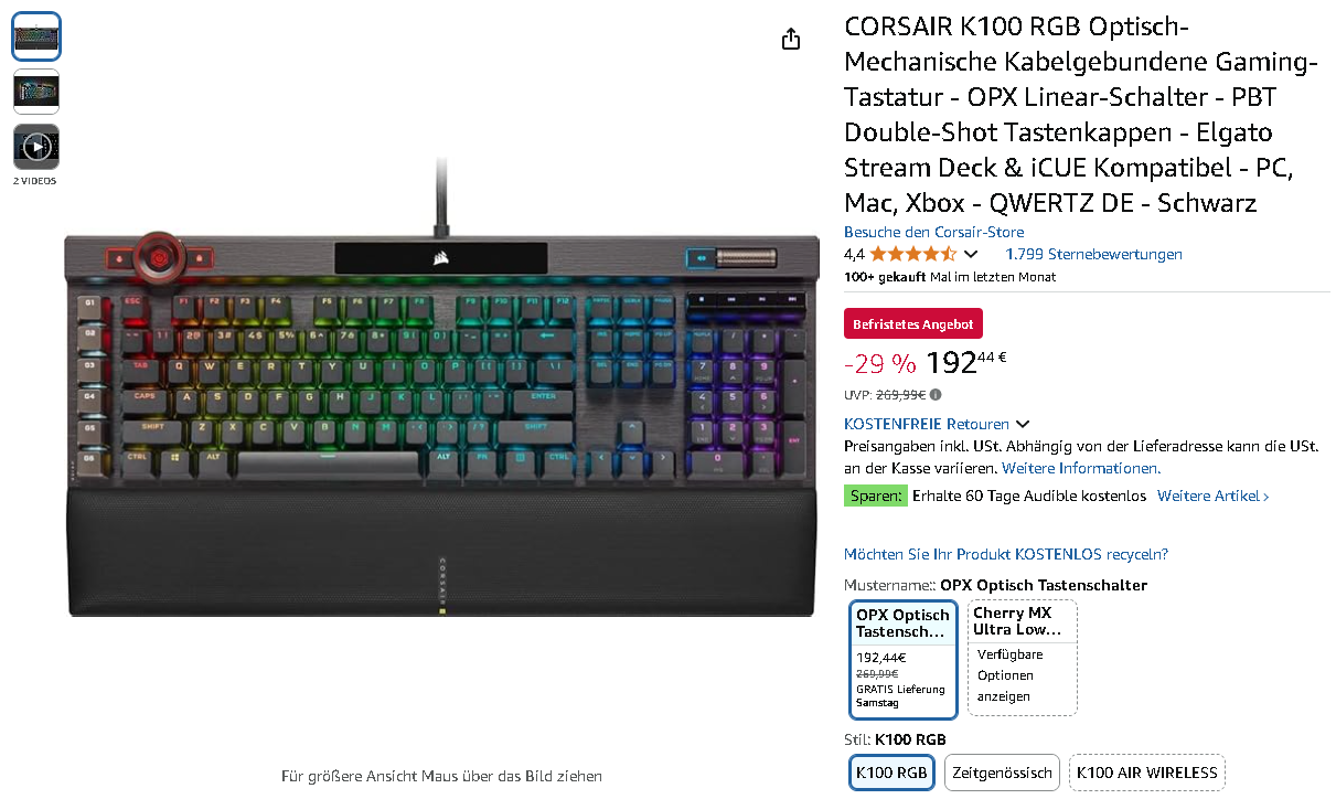 Screenshot der CORSAIR K100 RGB Gaming Tastatur
