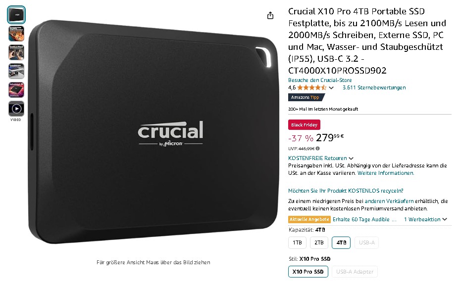Crucial X10 Pro 4TB Portable SSD Screenshot der Crucial X10 Pro. Quelle: Amazon