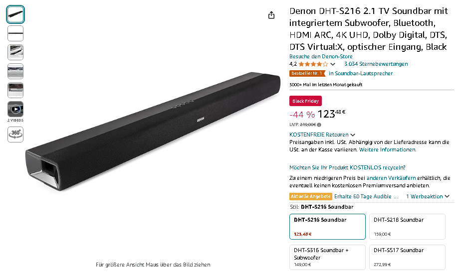 Screenshot der Denon DHT-S216. Quelle: Amazon Denon DHT-S216 2.1 TV Soundbar