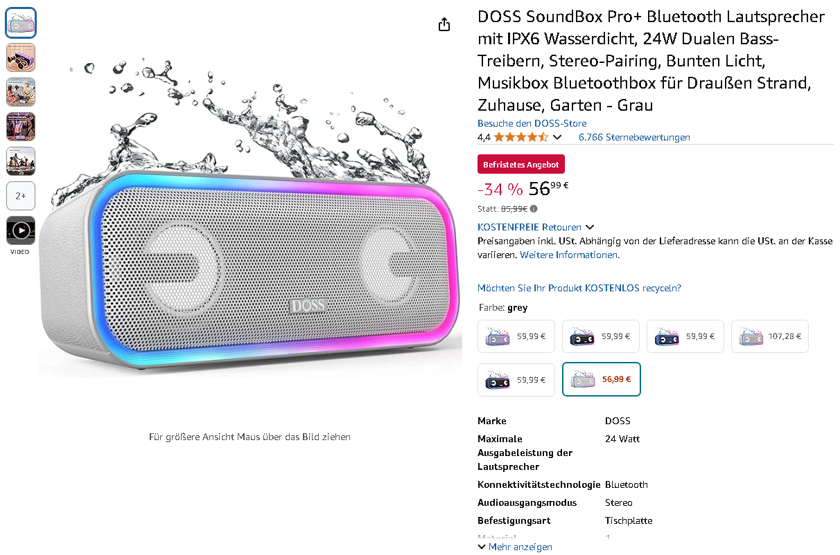 Screenshot der DOSS SoundBox Pro+. Quelle: Amazon DOSS SoundBox Pro+ Lautsprecher