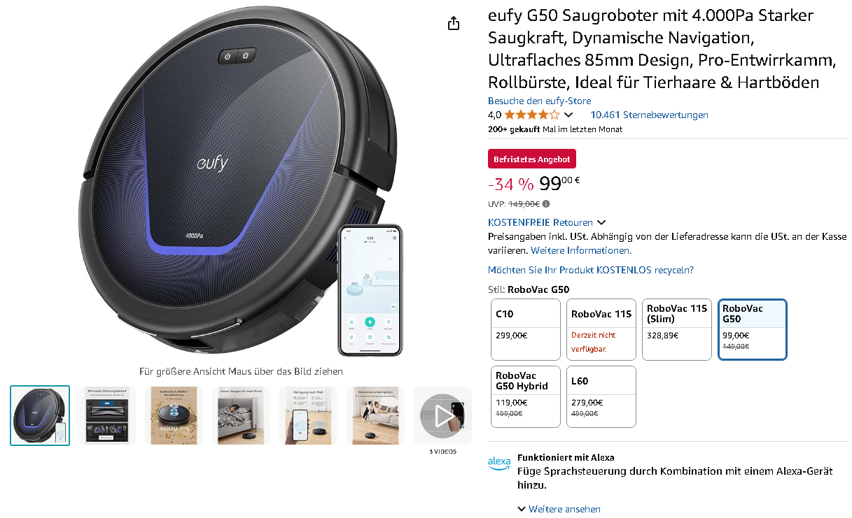 Screenshot der eufy G50 Saugroboter auf Amazon