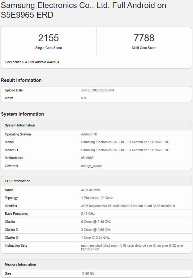 Geekbench Exynos 2600 Ergebnisse