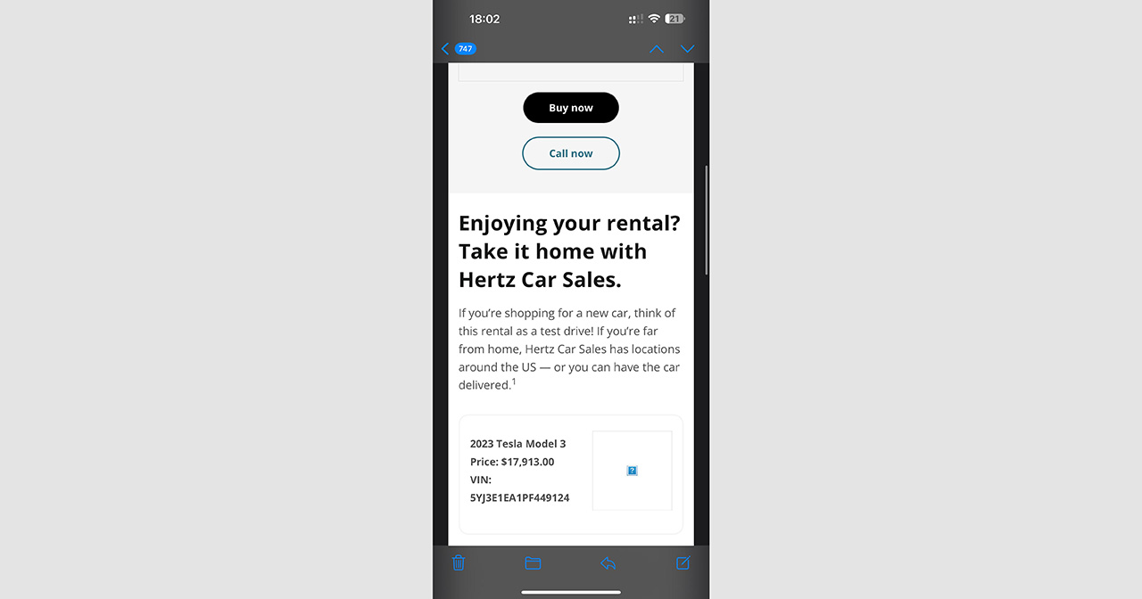 Screenshot einer E-Mail von Hertz mit dem Angebot, das Tesla Model 3 zurückzukaufen Screenshot einer E-Mail von Hertz mit dem Angebot, das Tesla Model 3 zurückzukaufen