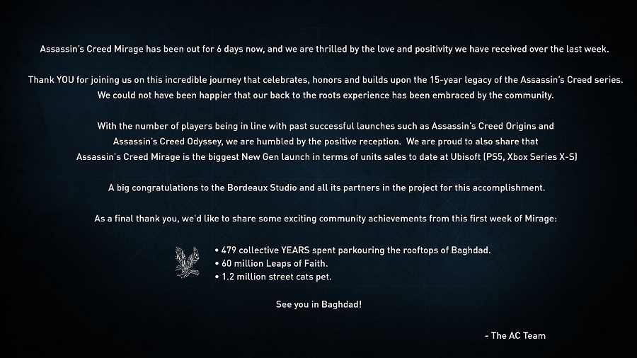 Über eine Million Kätzchen gestreichelt und 60 Millionen Leaps of Faith: Ubisoft zieht Bilanz über die erste Woche nach der Veröffentlichung von Assassin's Creed Mirage-2 Über eine Million Kätzchen gestreichelt und 60 Millionen Leaps of Faith: Ubisoft zieht Bilanz über die erste Woche nach der Veröffentlichung von Assassin's Creed Mirage-2