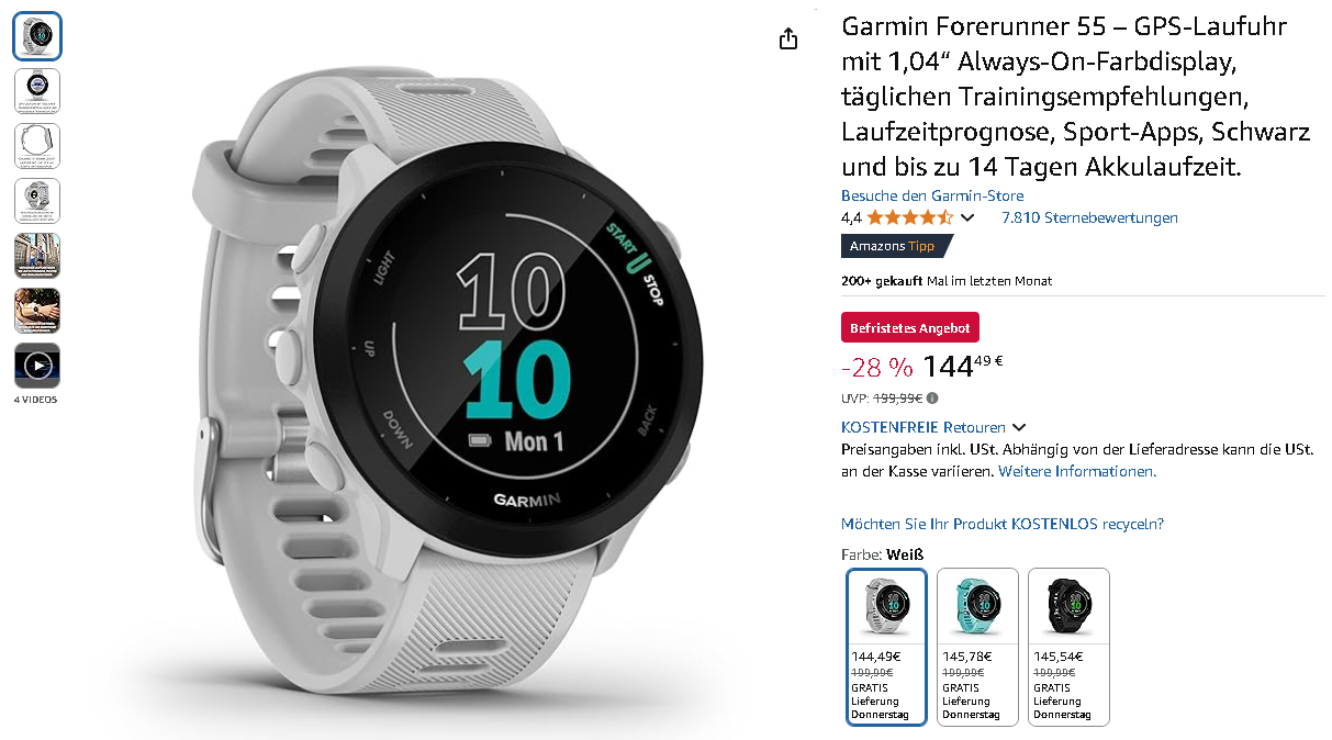 Screenshot der Garmin Forerunner 55 Screenshot der Garmin Forerunner 55