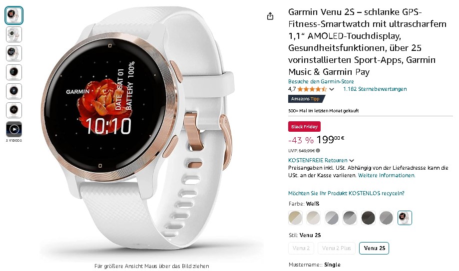 Screenshot der Garmin Venu 2S. Quelle: Amazon Garmin Venu 2S GPS-Smartwatch