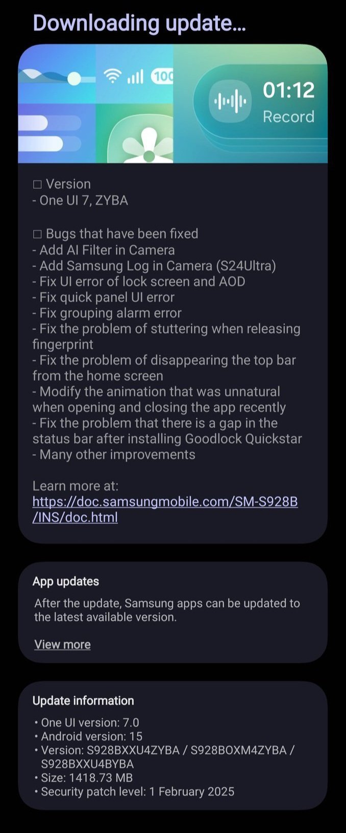 Bild des One UI 7.0 Beta-Updates für das Galaxy S24