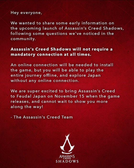 Jetzt ist es offiziell: Assassin's Creed Shadows braucht keine ständige Internetverbindung-2 Jetzt ist es offiziell: Assassin's Creed Shadows braucht keine ständige Internetverbindung-2