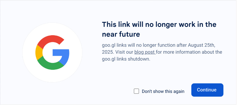 Zwischenseite, die für einige goo.gl Links ab dem 23. August 2024 angezeigt wird. Illustration: Google