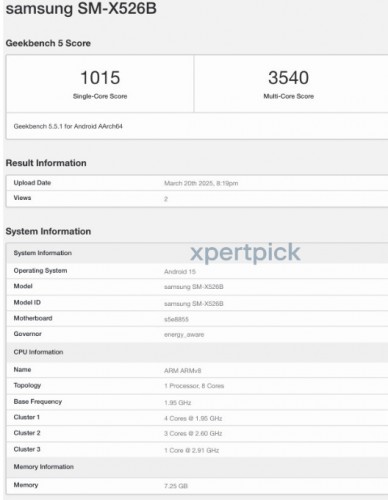 Galaxy Tab S10 FE (SM-X526B) auf Geekbench. Illustration: xpertpick