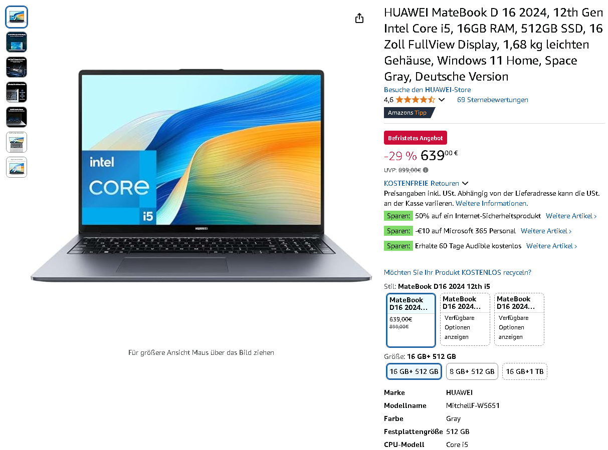 Screenshot des HUAWEI MateBook D 16. Quelle: Amazon